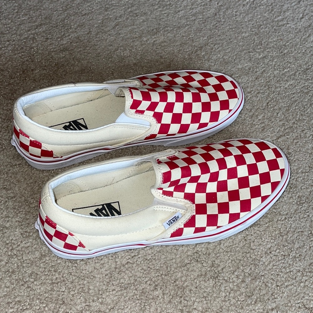 Vans Classic Slip-On Checkerboard Sneakers in Red and White